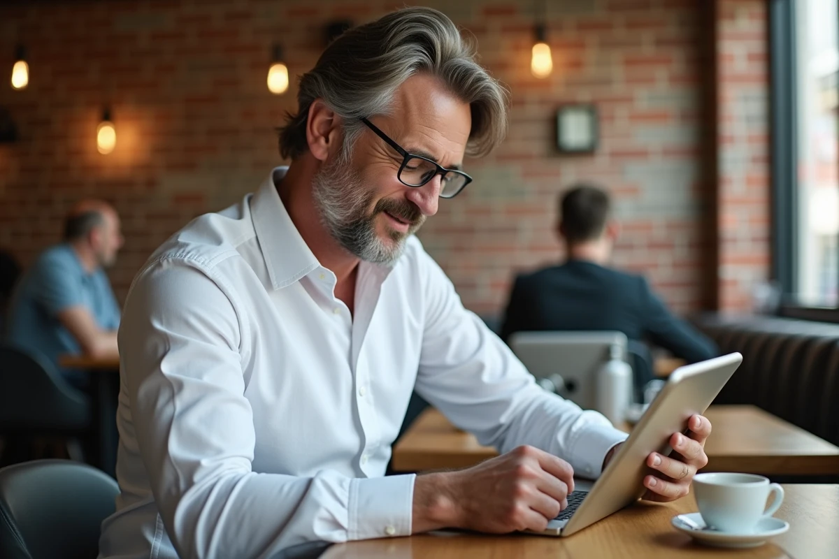 Homme accédant à son compte Banque Populaire Cyber Plus sur une tablette dans un café urbain