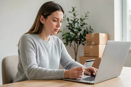 Femme effectuant un achat en ligne avec sa carte bancaire La Banque Postale sur un ordinateur portable dans un bureau à domicile