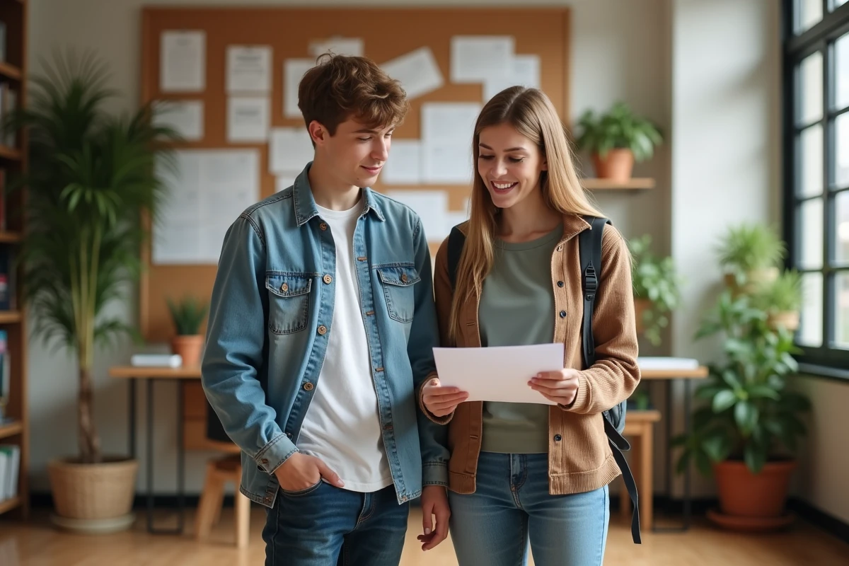 Jeune garçon et sa mère examinant des documents d