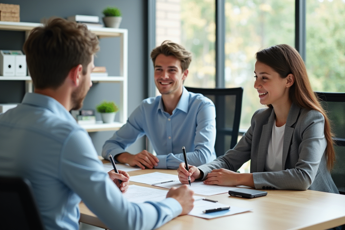 Agent d'assurance souriant discutant avec famille dans un bureau lumineux