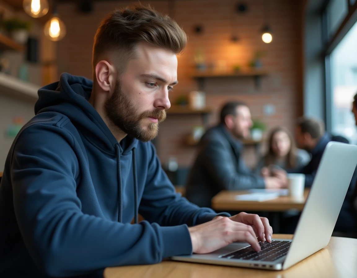 Homme finalisant un paiement Amazon via PayPal sur ordinateur portable dans un café urbain
