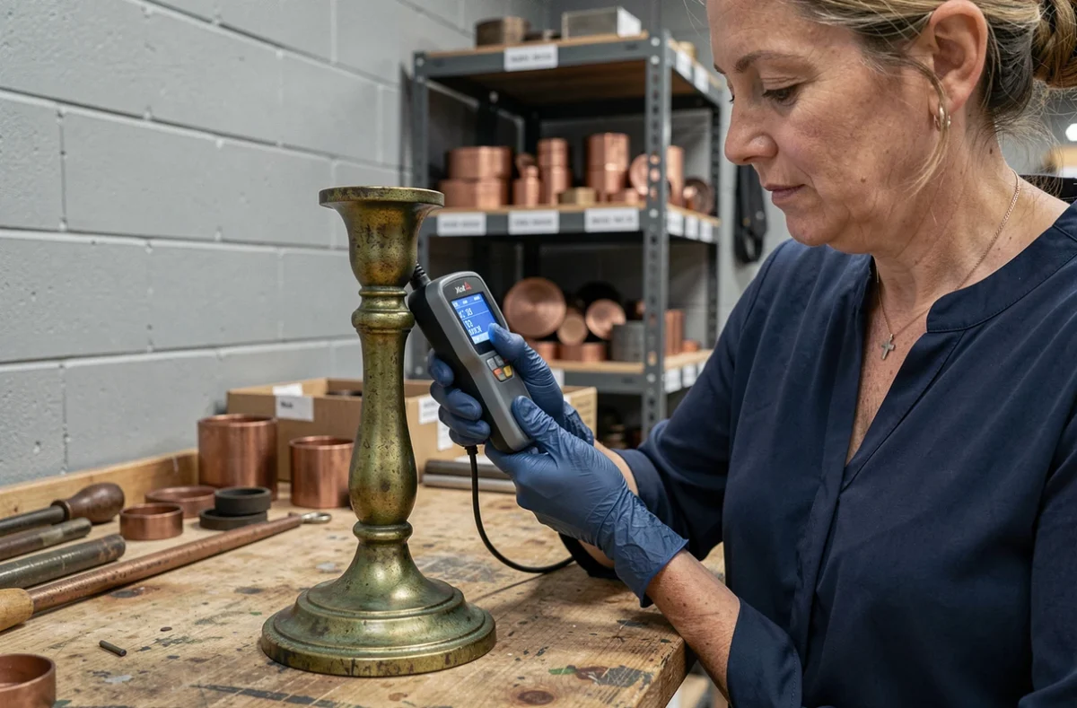 Technicienne utilisant un analyseur XRF pour identifier la composition d'un objet en bronze avant revente