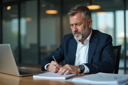 Analyste financier homme au bureau moderne pour l'article