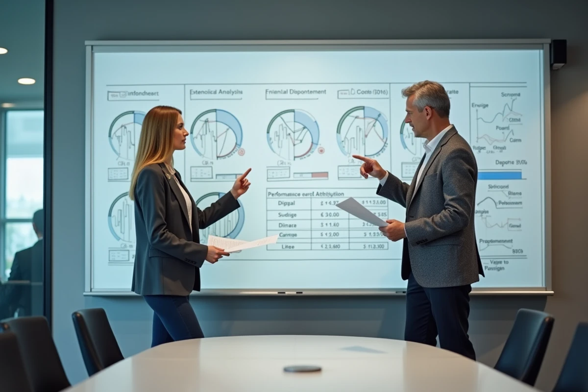 Deux analystes financiers discutant de tableaux de performance et de notation statistique devant un tableau blanc dans une salle de conférence, illustrant l'évaluation d'un gérant actif
