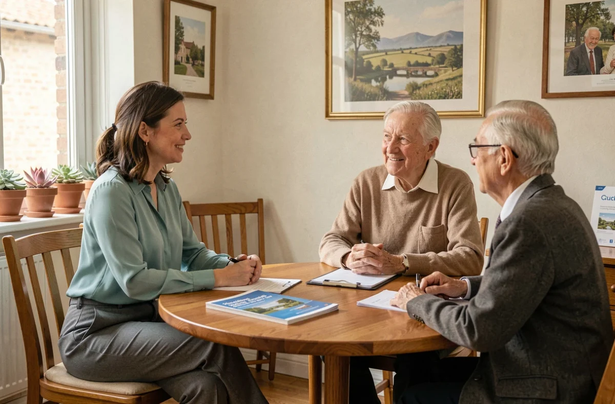Conseillère Anathis Patrimoine en réunion avec des clients seniors dans un bureau de gestion de patrimoine local