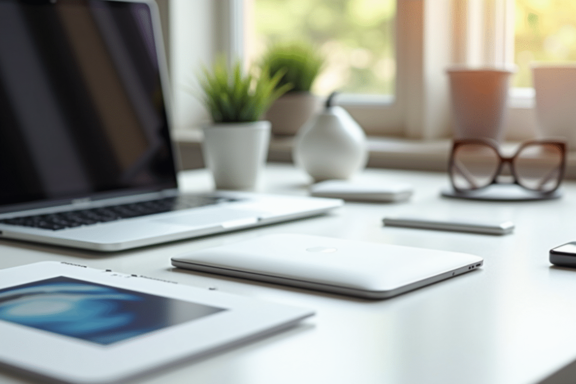 Appareil Apple moderne sur bureau blanc avec croquis créatifs