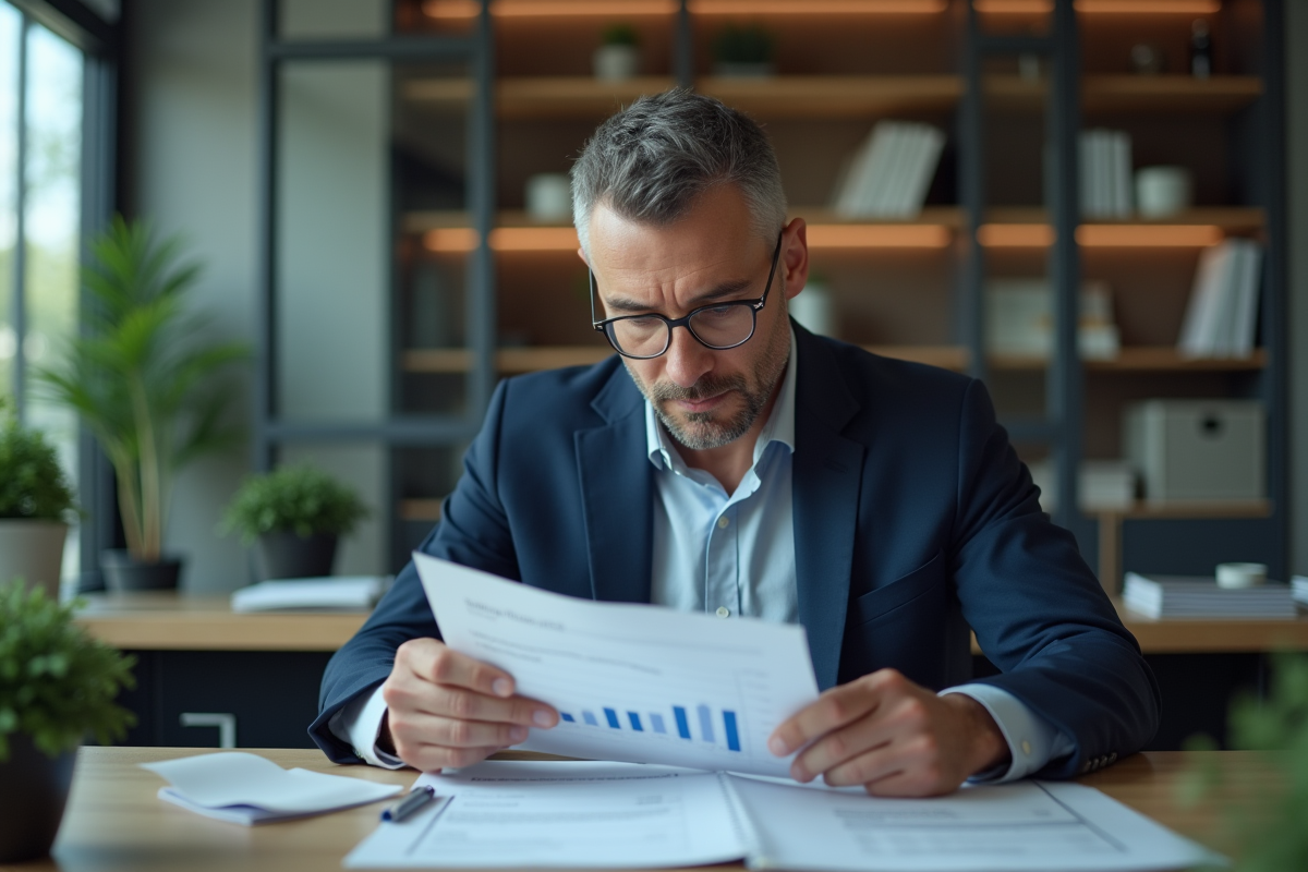 Homme d'affaires en costume navy dans un bureau bancaire