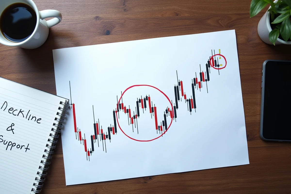 Vue aérienne d'un bureau de trader avec un graphique double bottom annoté, un smartphone et des notes manuscrites