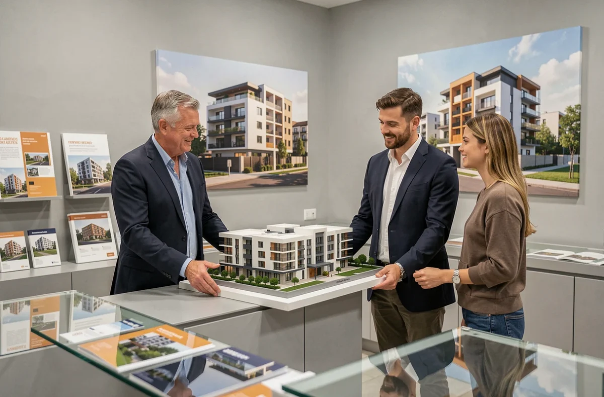 Spécialiste du Cabinet Bertrand-Demanes présentant un programme immobilier neuf à des clients dans un showroom