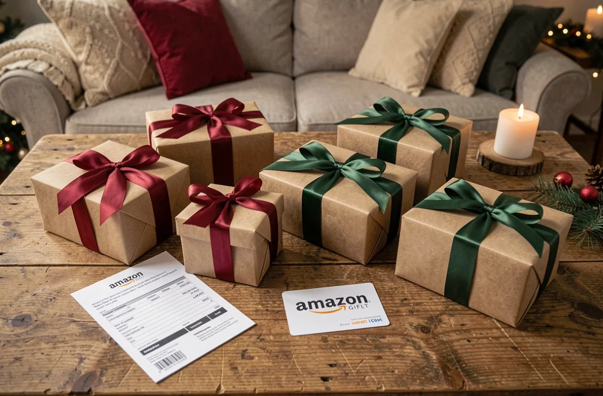 Cadeaux emballés achetés sur Amazon avec une carte Bimpli, disposés sur une table en bois avec confirmation de commande