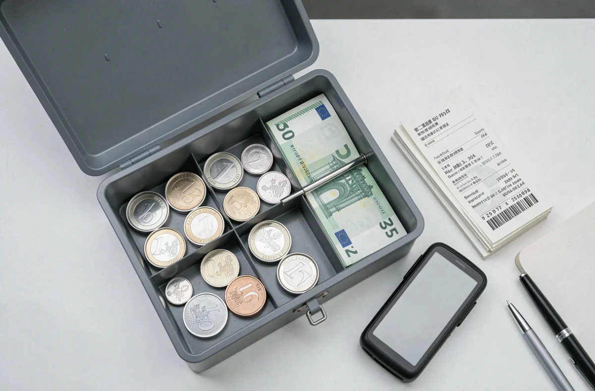 Vue de dessus d'une caisse à monnaie ouverte avec pièces, billets et tickets de paiement TPE