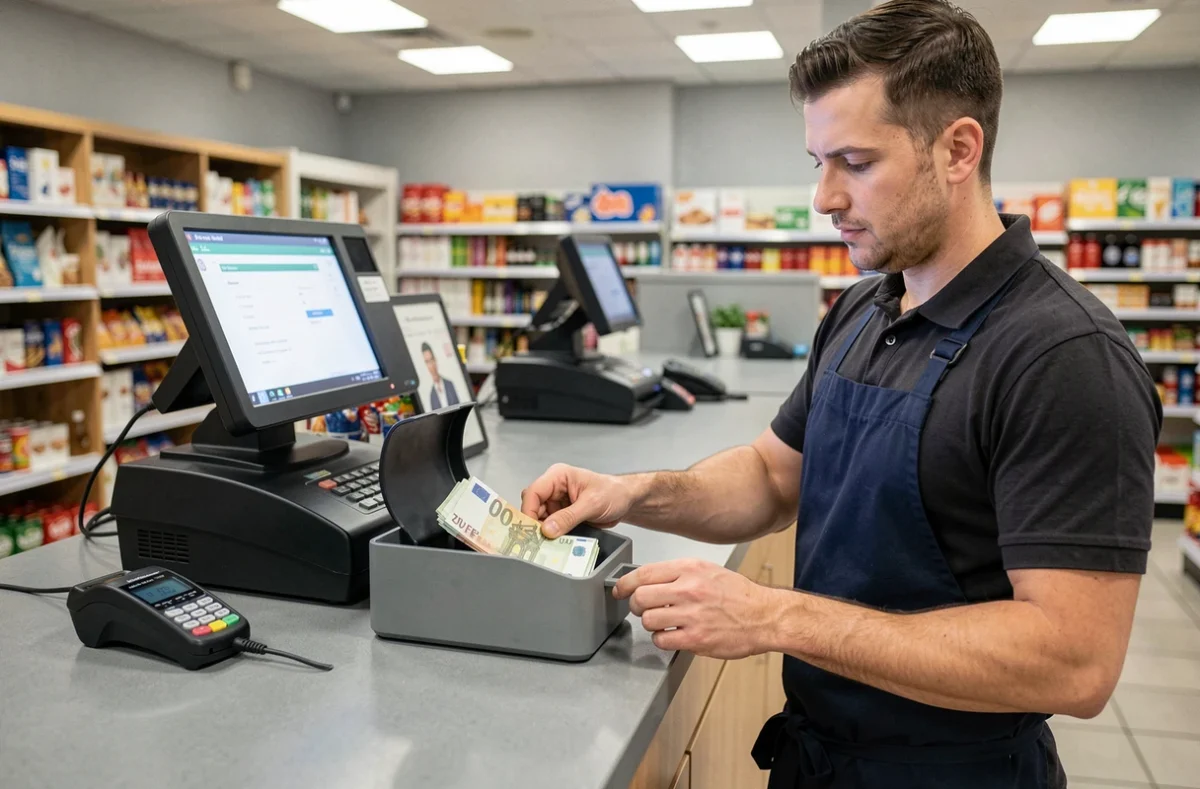 Caissier rangeant des billets euros dans une caisse compatible TPE en commerce de proximité