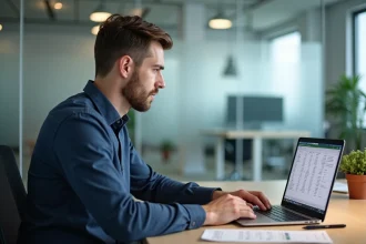 Comptable masculin travaillant sur un modèle Excel de calcul d'acompte IS 2026 dans un bureau moderne