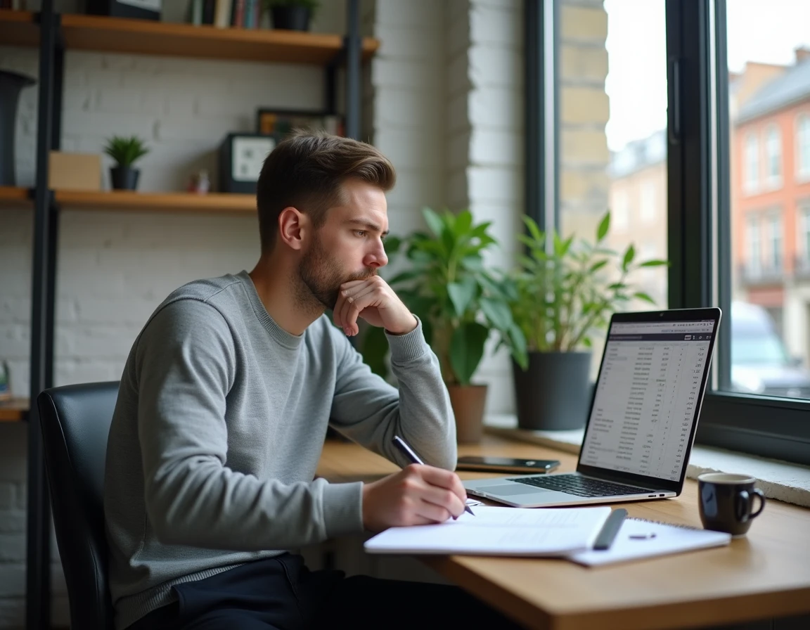 Homme en télétravail calculant la conversion salaire brut en net avec calculatrice et cahier de notes
