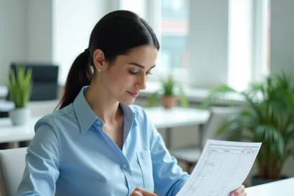 Une femme en bureau consulte un relevé d'heures centièmes pour calculer des congés et absences