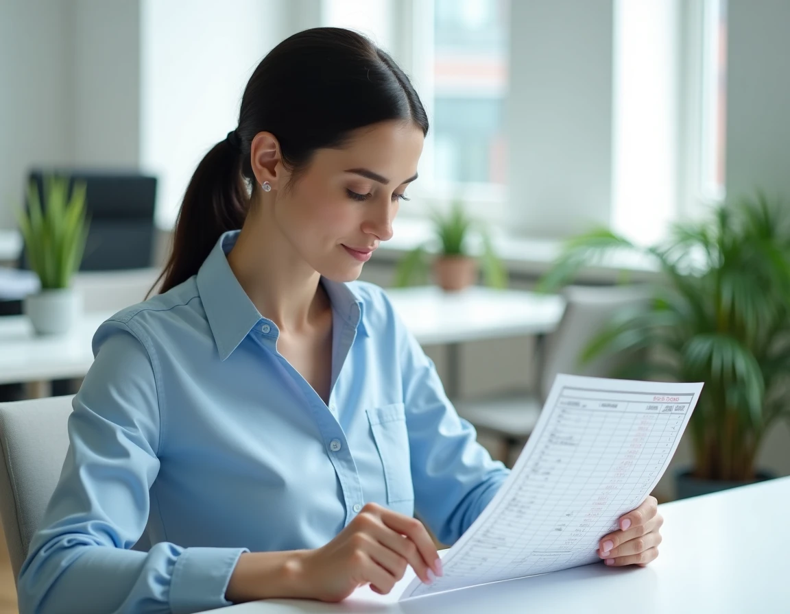 Une femme en bureau consulte un relevé d'heures centièmes pour calculer des congés et absences
