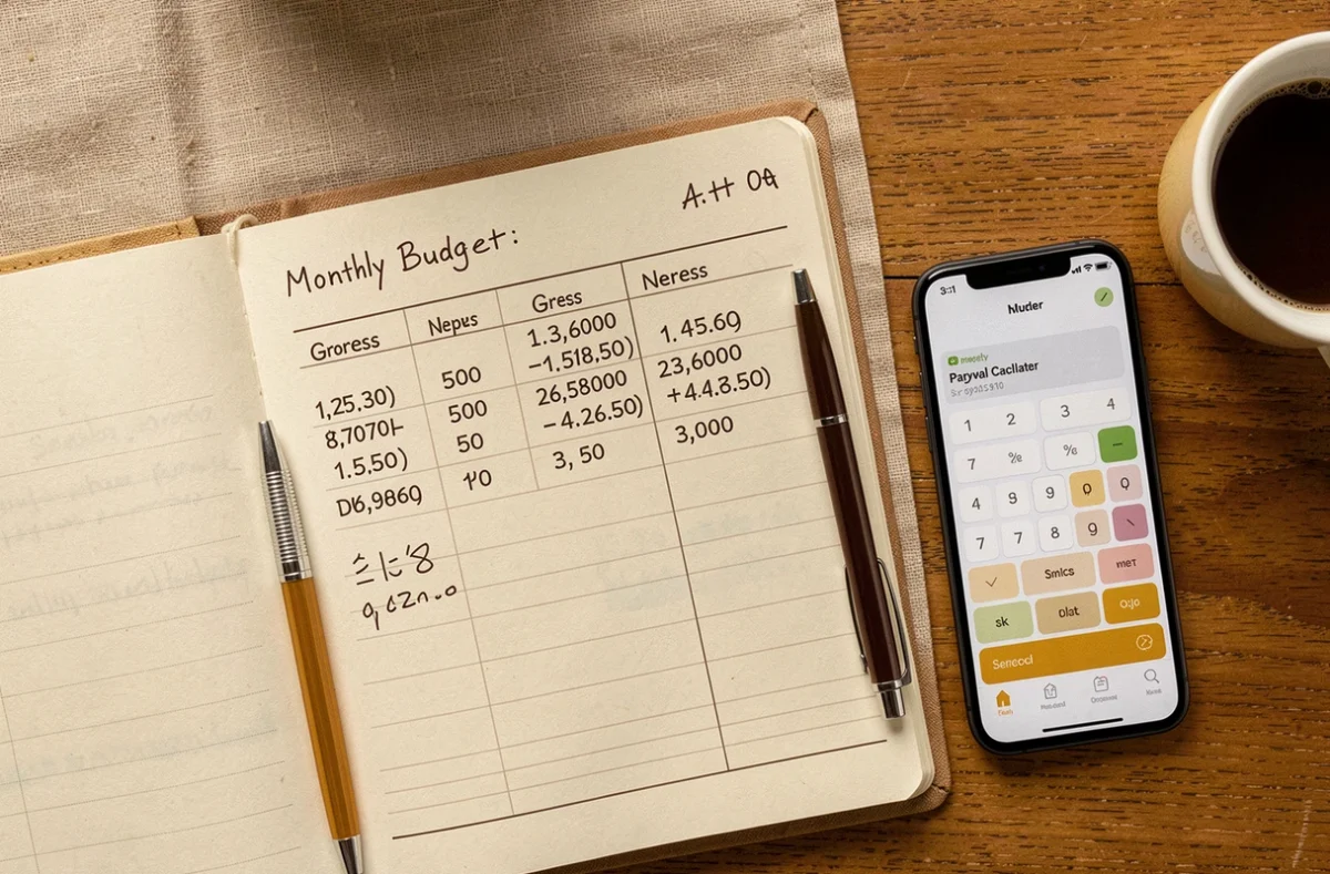 Vue de dessus d'un carnet de calcul budgétaire avec des simulations de salaire net pour un passage de temps plein à temps partiel
