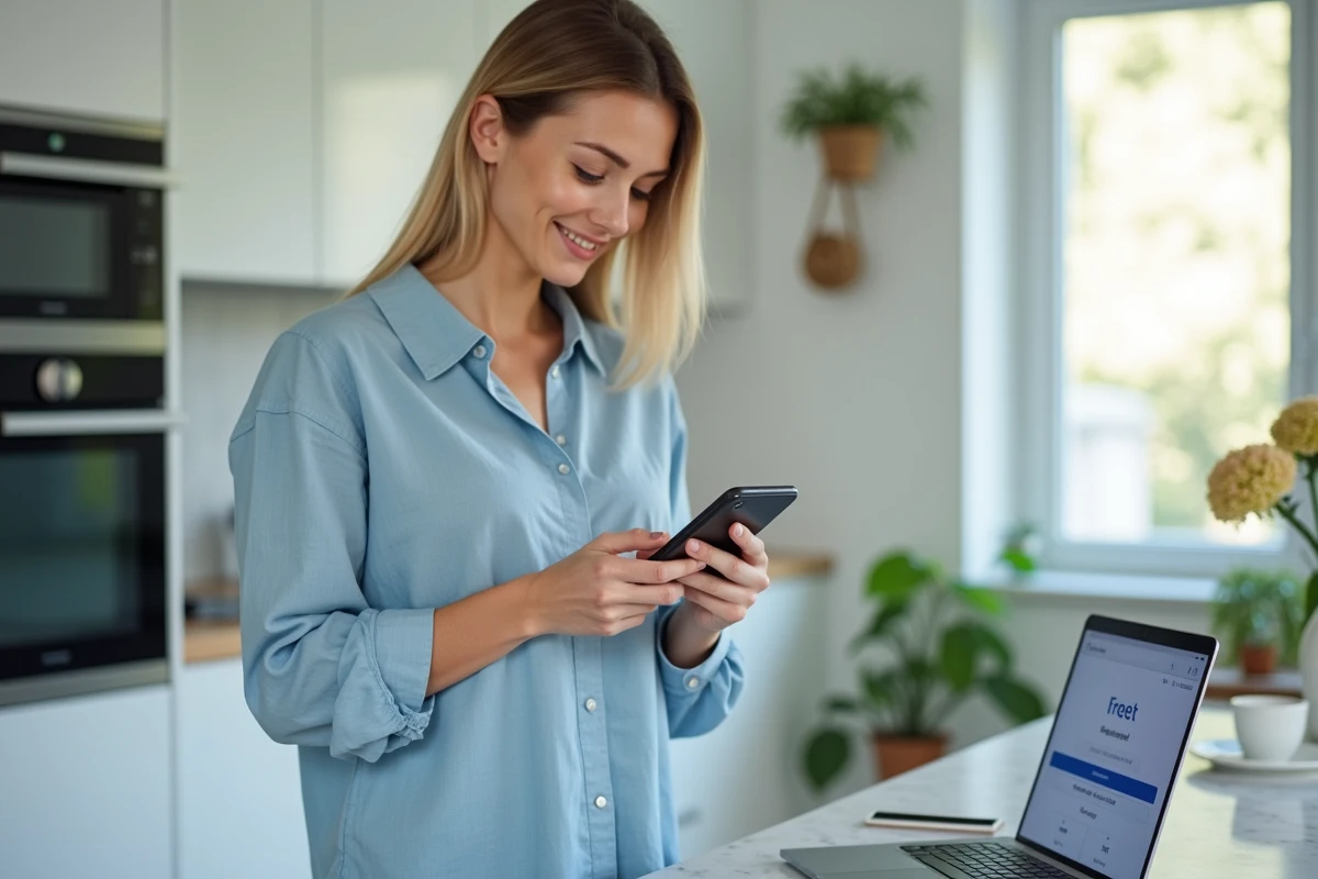 Femme consultant sa facture Free et effectuant un paiement centralisé Freebox et mobile sur smartphone dans une cuisine moderne