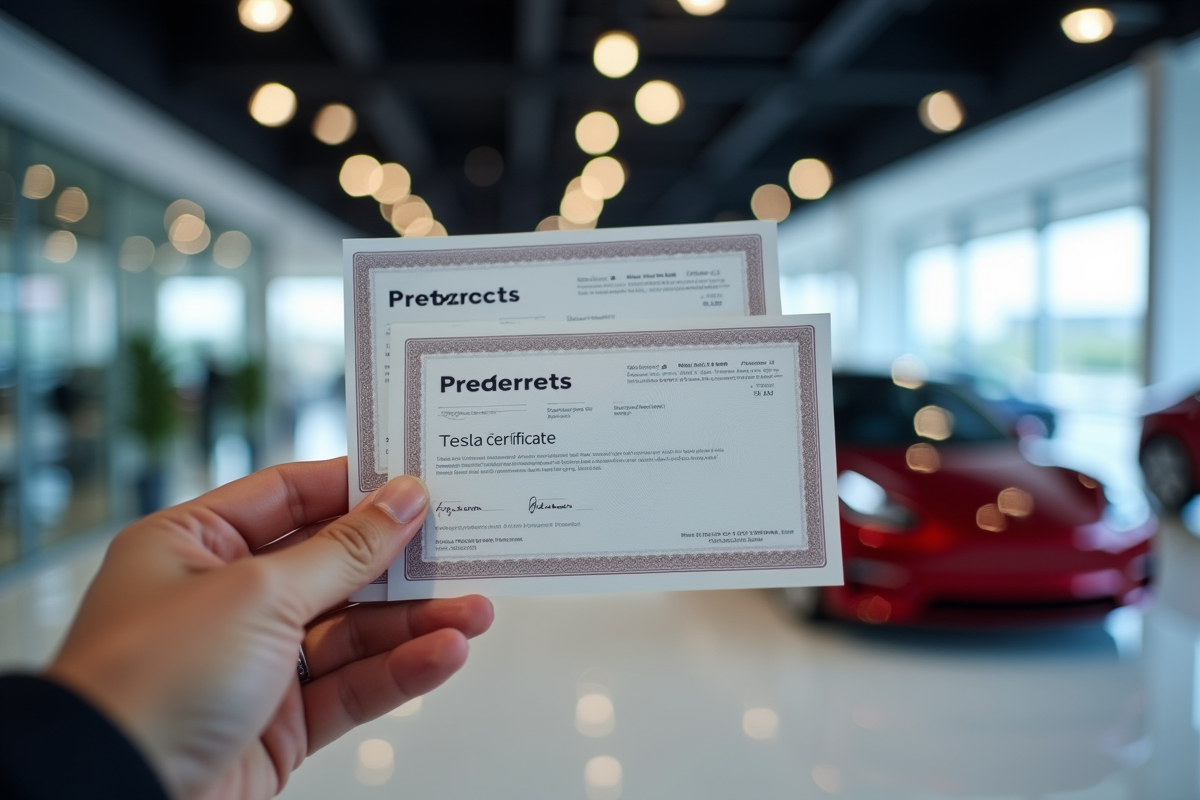 Main tenant certificats Tesla dans un showroom électrique moderne