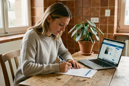 Femme remplissant un formulaire de changement d'adresse pour son assurance ACM IARD sur papier et ordinateur