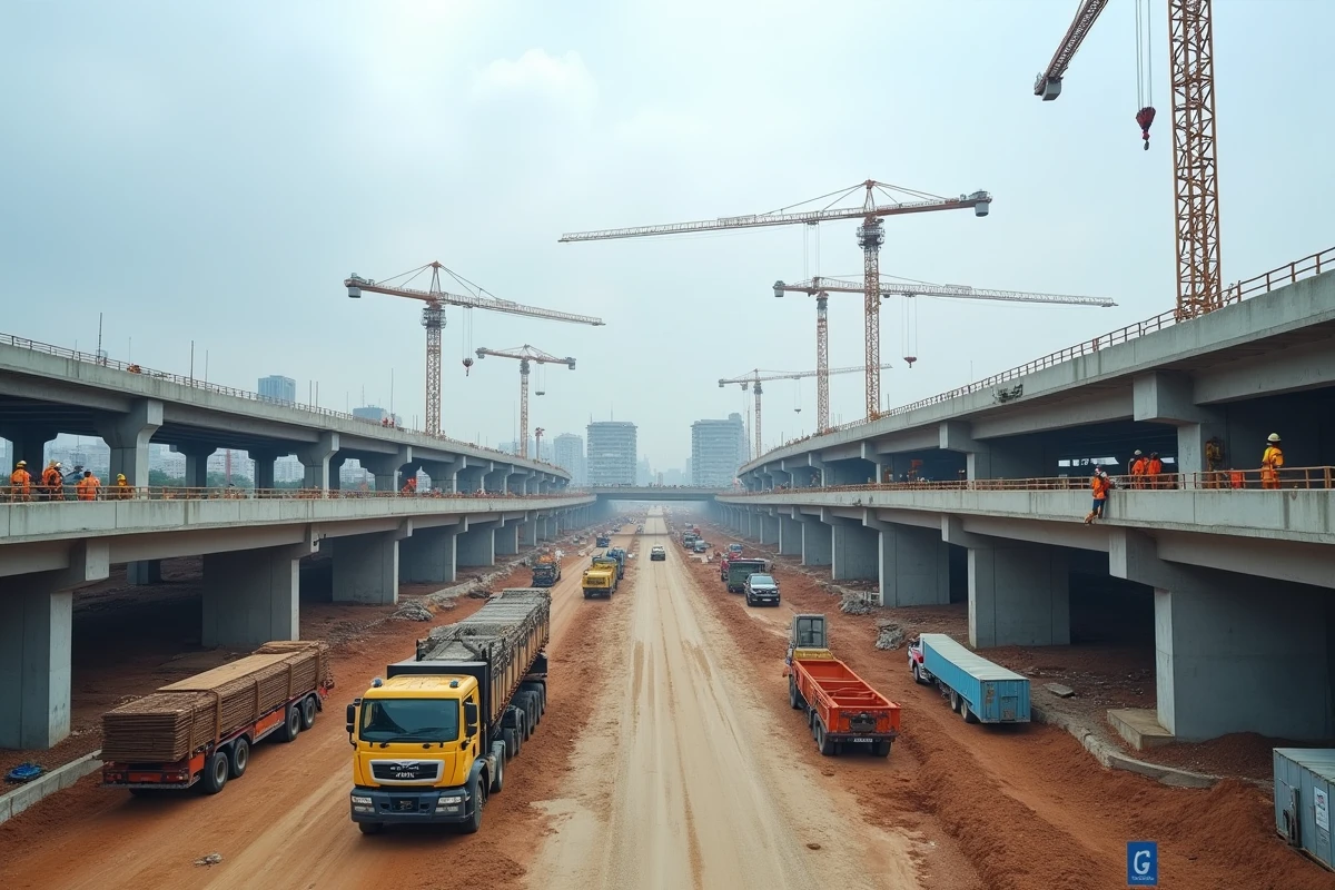 Vaste chantier de travaux publics financé par l'État avec grues et ouvriers, symbolisant la relance économique keynésienne par l'investissement public