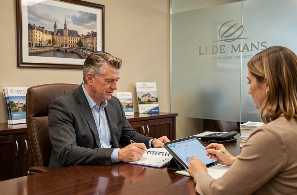 Conseiller Coldwell Banker Val Property discutant d'investissement locatif avec des clients dans un bureau au Mans