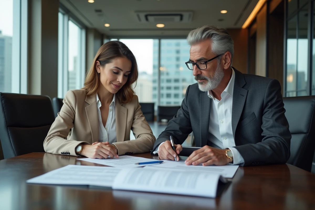 Deux professionnels du courtage en assurance collaborant sur des documents contractuels autour d'une table de conférence en entreprise