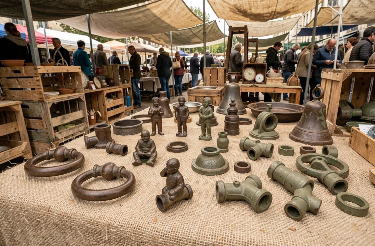 Collection d'objets en bronze de récupération exposés sur un marché aux puces pour identification et estimation du prix au kilo