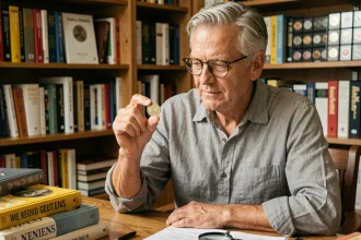 Collectionneur examinant attentivement une pièce de 2 euros rare avec une loupe dans son bureau numismatique