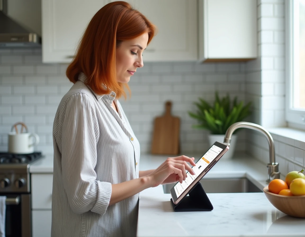 Femme payant une commande Amazon avec PayPal sur tablette depuis sa cuisine moderne
