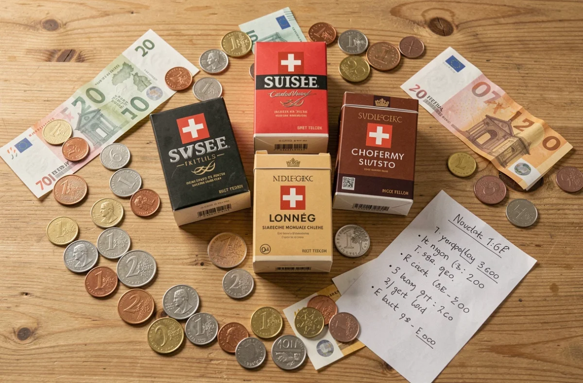 Vue de dessus de paquets de cigarettes suisses entourés de francs suisses et d'euros avec une note de comparaison de prix manuscrite
