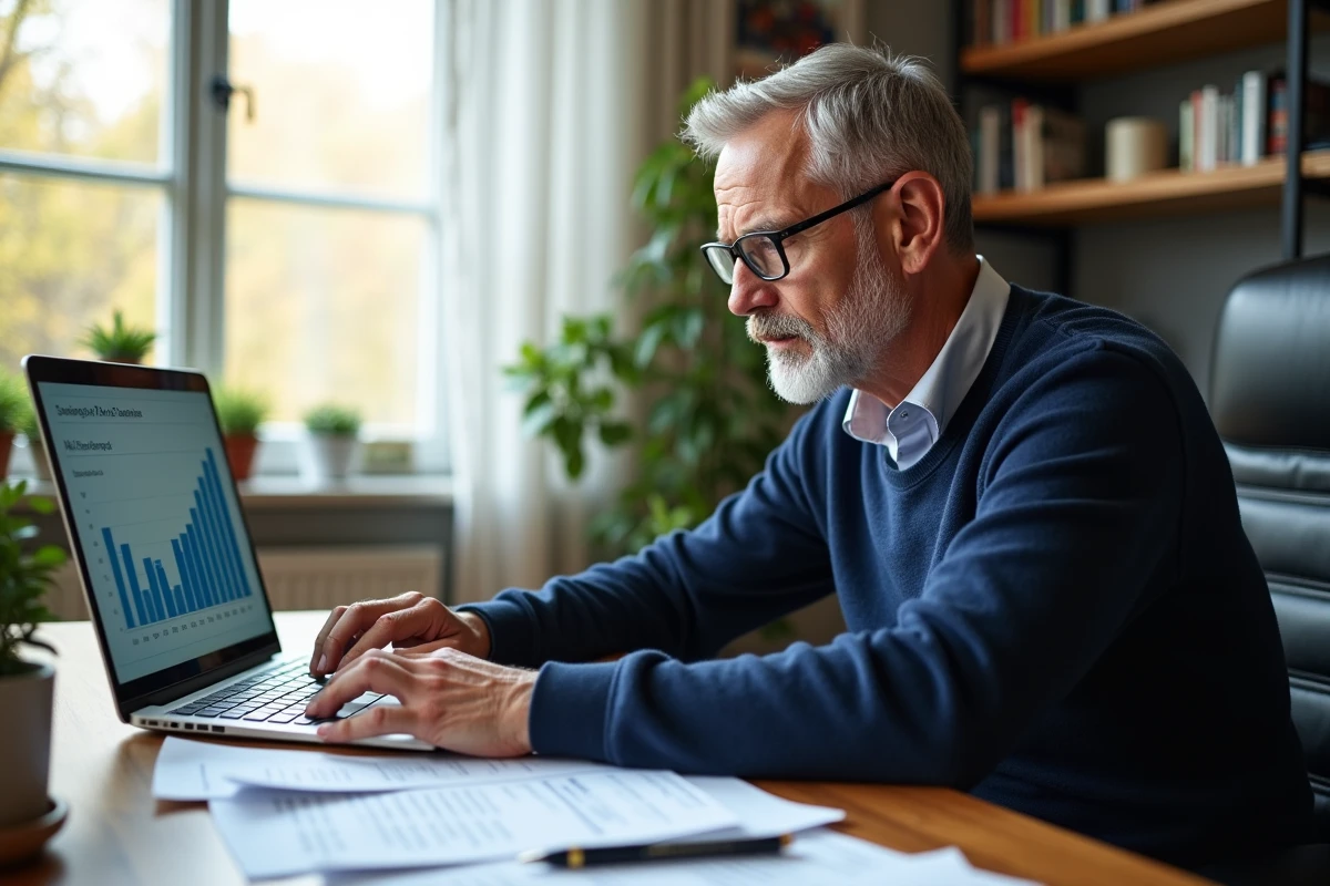 Homme comparant les taux d'un compte à terme bancaire depuis son bureau à domicile en 2026