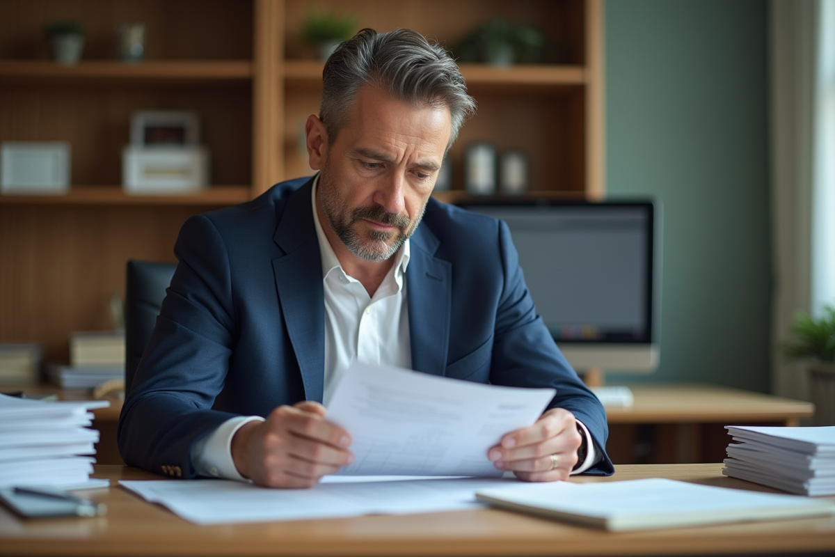 Homme comptable en chemise blanche et costume bleu dans un bureau