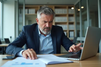 Homme comptable en costume bleu analyse un rapport financier