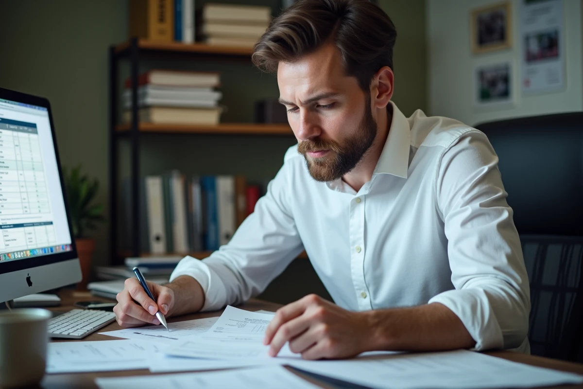 Comptable d'une petite entreprise vérifiant des reçus et factures de paiements en espèces sur un bureau professionnel