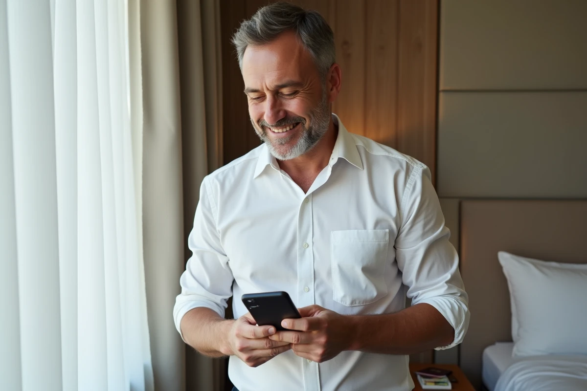Homme vérifiant la confirmation de paiement de sa facture Free sur smartphone dans une chambre d'hôtel à l'étranger