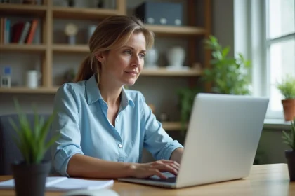Femme connectée à son espace bancaire Banque Populaire Cyber Plus sur un ordinateur portable depuis son bureau à domicile