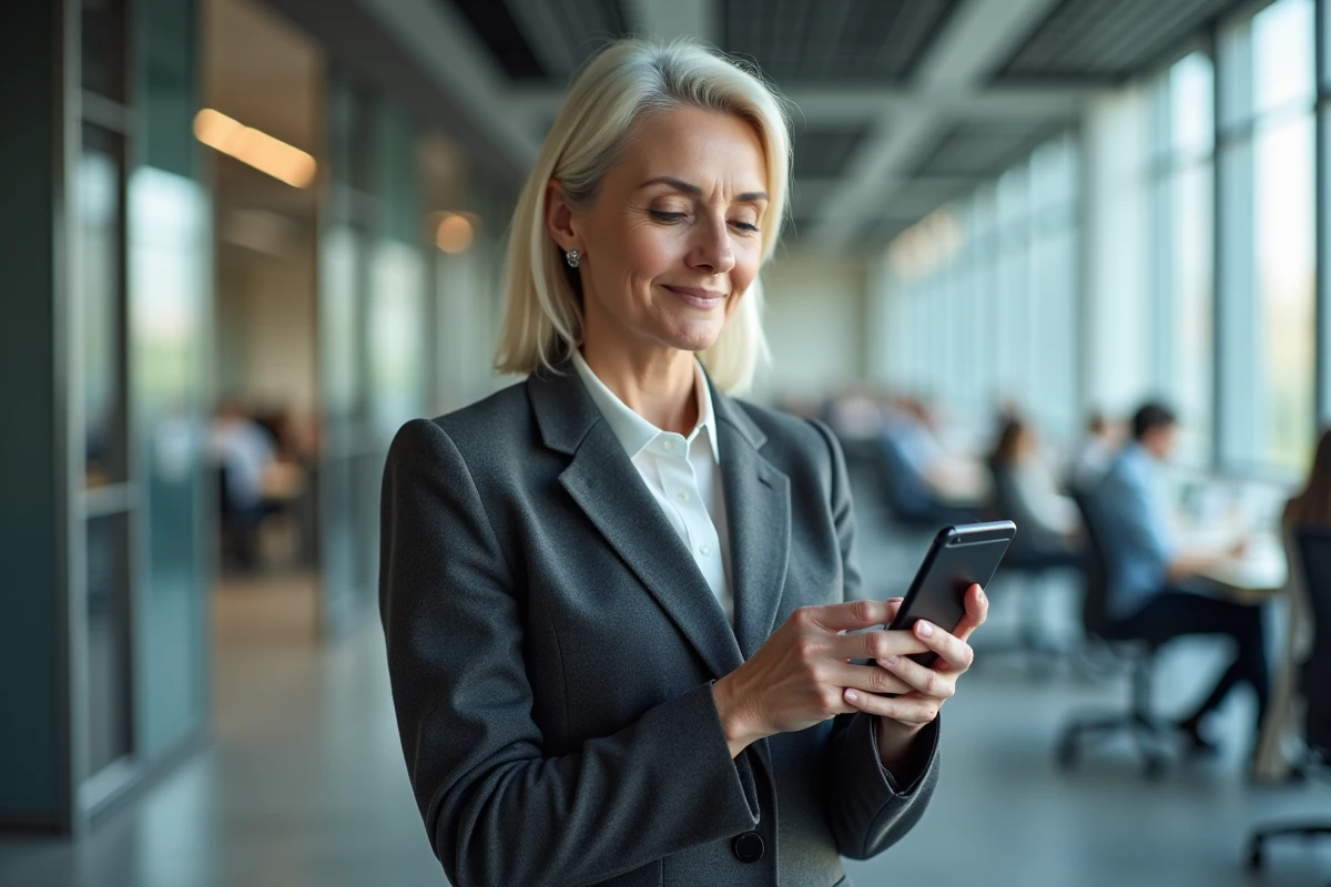 Femme utilisant son smartphone pour se connecter à Banque Populaire Cyber Plus dans un environnement professionnel
