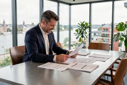 Conseiller en investissement locatif analysant des plans et documents financiers dans un bureau moderne avec vue sur la Loire en Pays de la Loire