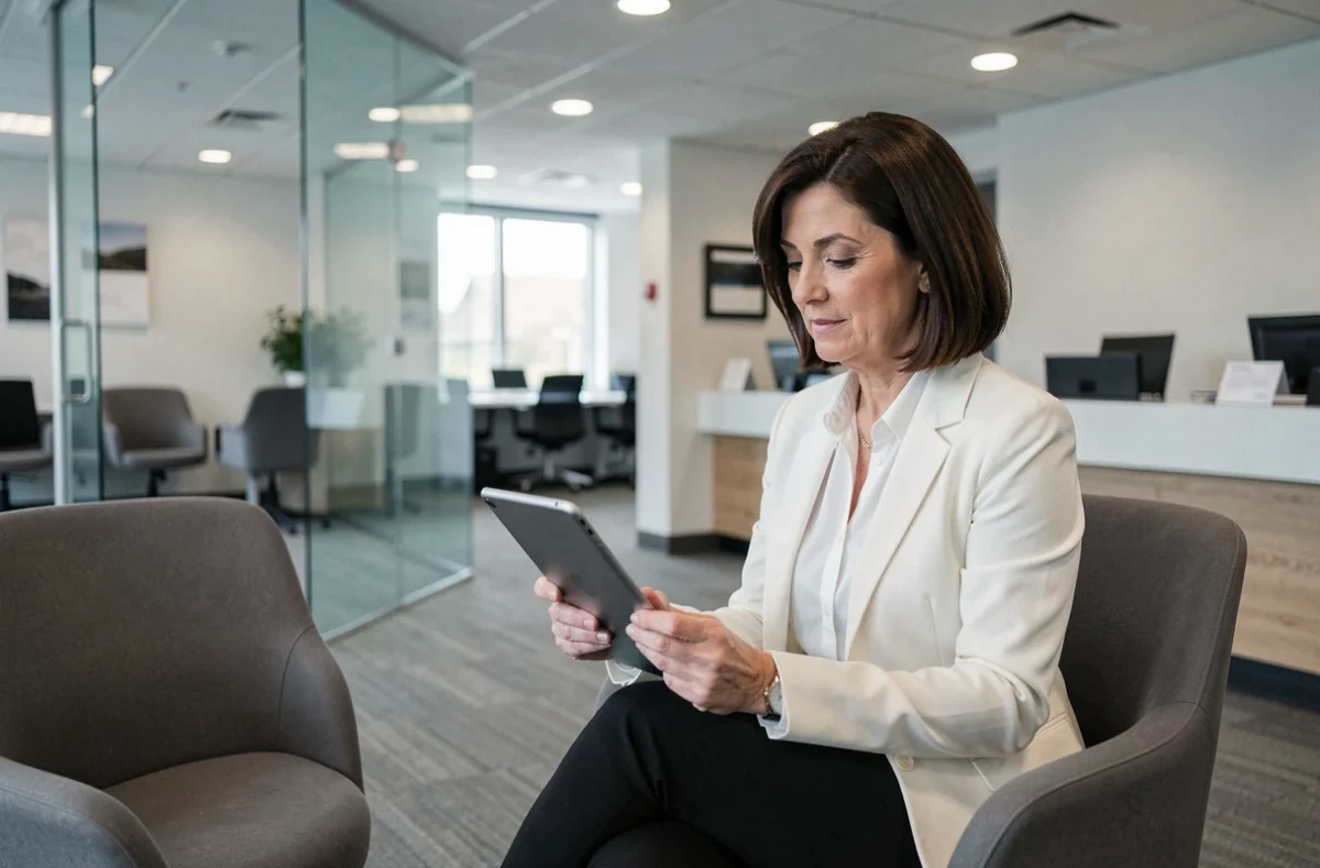 Conseillère bancaire en agence physique consultant une tablette dans un bureau moderne, évoquant la transformation du rôle des agences face au numérique