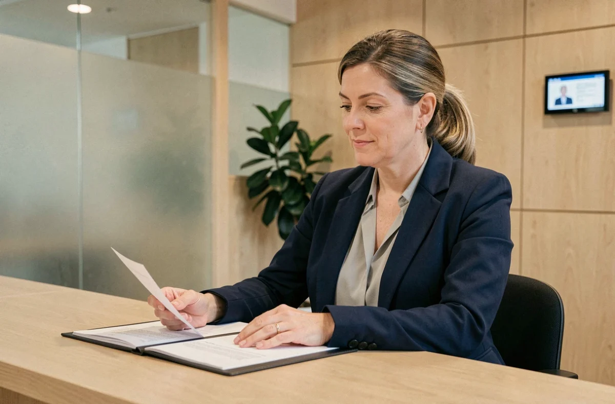 Femme conseillère dans une agence de La Banque Postale expliquant des documents financiers à un client