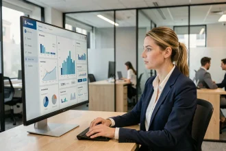 Consultante en franchise analysant un simulateur de retour sur investissement sur écran dans un bureau moderne