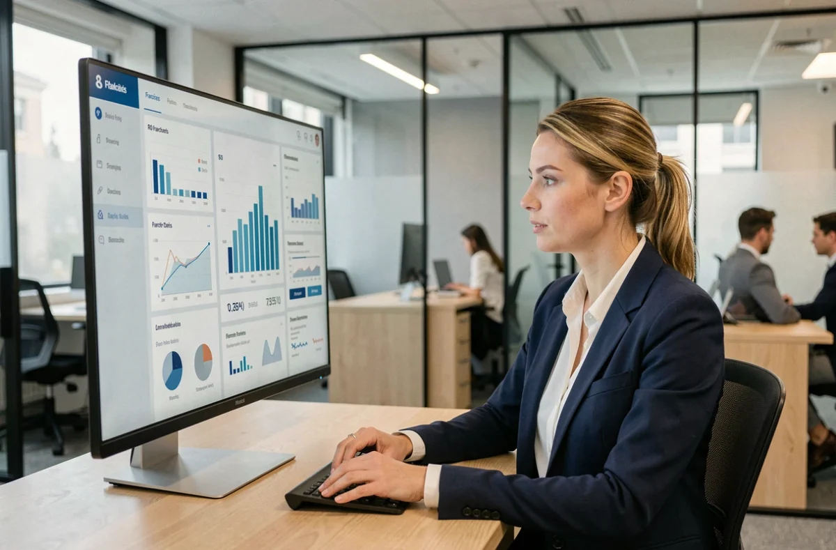 Consultante en franchise analysant un simulateur de retour sur investissement sur écran dans un bureau moderne