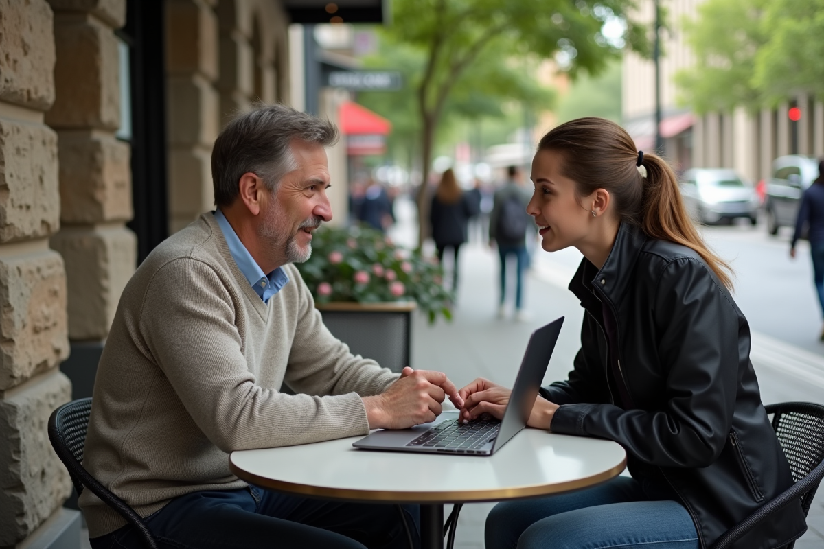 Homme et femme discutant dans un café en plein air