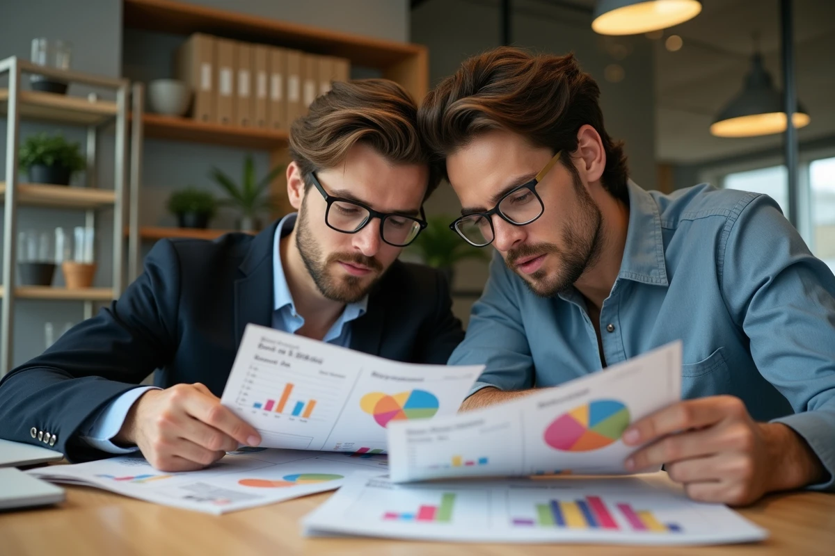 Jeune couple examine brochures financières au bureau