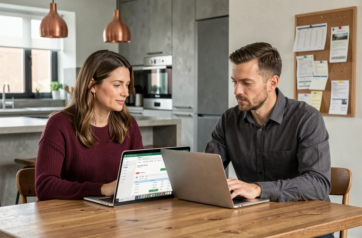 Couple comparant La Banque Postale et une banque en ligne sur deux ordinateurs portables à la maison