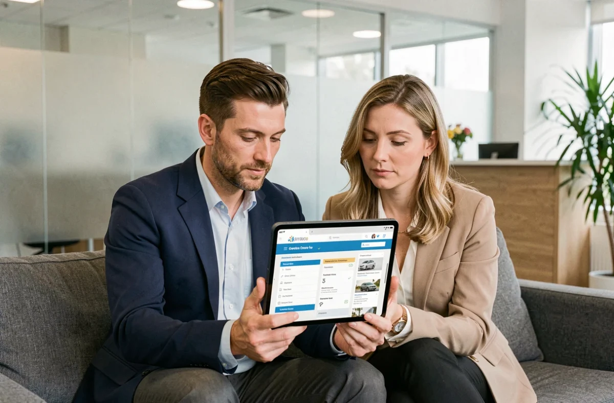 Couple comparant des offres d'assurance sur tablette dans un bureau de conseiller