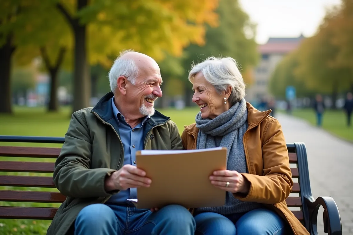Couple mature discute et sourit dans un parc en plein air