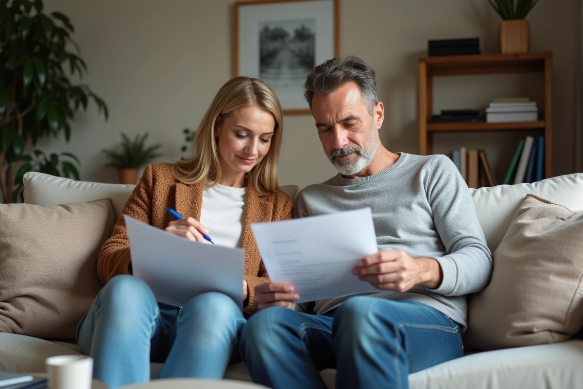 Couple examinant des documents financiers ensemble pour contacter Cofidis et trouver une solution de remboursement