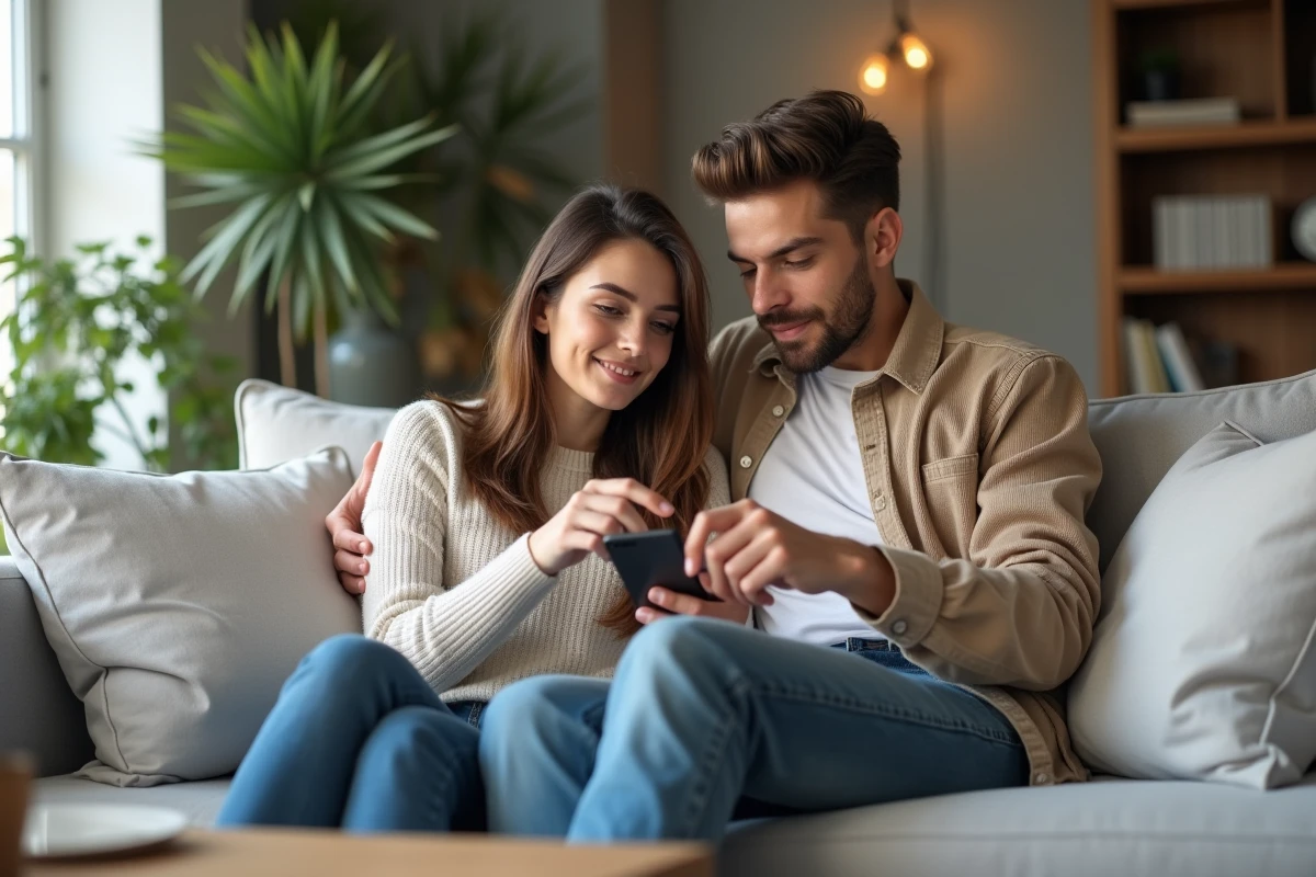 Couple gérant leurs finances sur l'application Crédit Agricole Vendée depuis leur salon